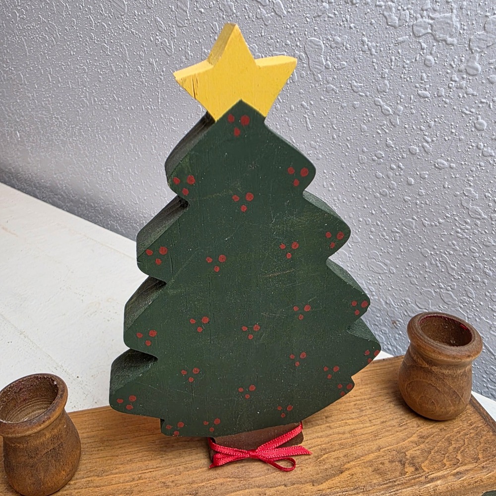 Vintage Wooden Christmas Trees Candlestick Holder Vintage Farmhouse Holiday - Picture 2 of 8